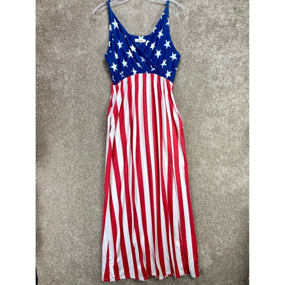 Maisolly American Flag Stars Stripes Maxi Dress Womens L Pockets Casual Summer
